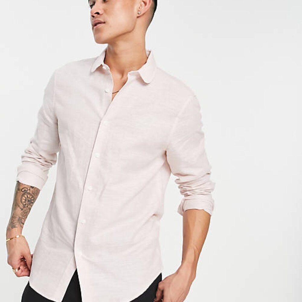 ❌SOLD❌ ASOS Wedding Smart Linen Regular Fit Shirt w/ Penny Collar Pink Size XL